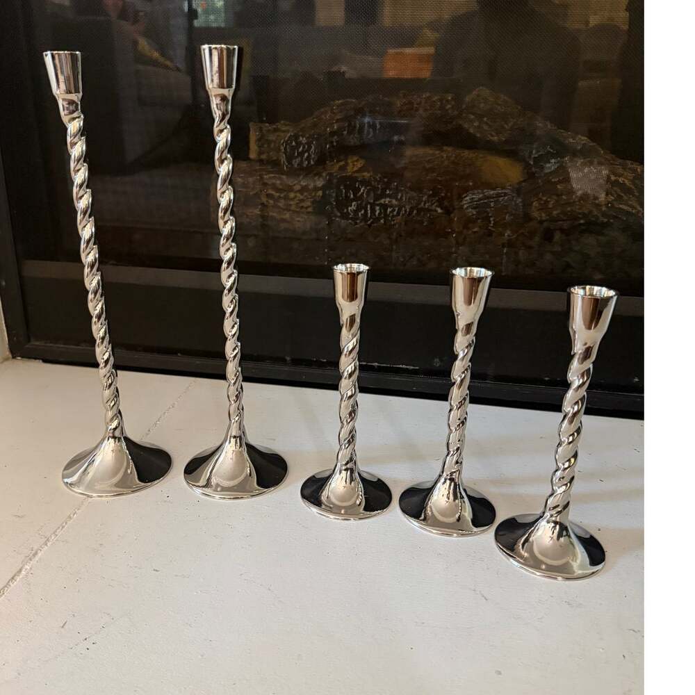 Anthropologie Silver Twisted Spiral Taper Candlestick Holders Set of 5